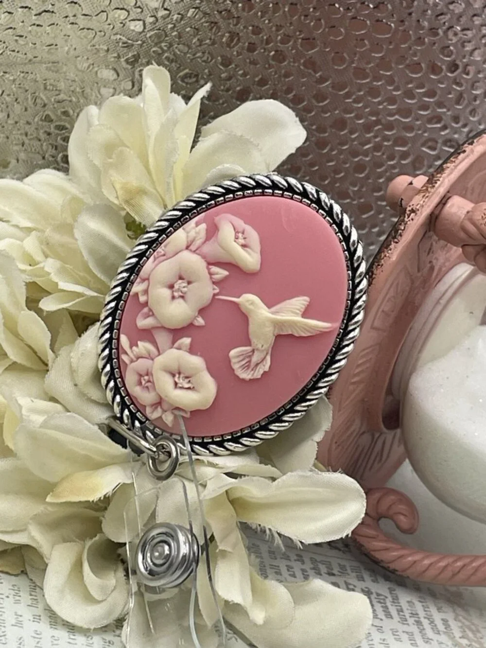 Romantic Pink Hummingbird Lanyard Cameo Retractable Reel ID Card Badge Holder